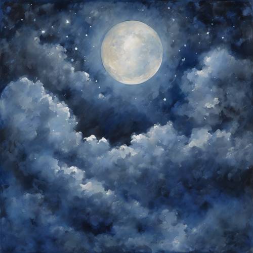 Импрессионистическая картина, изображающая серебристый лунный свет, отбрасывающий тени на полуночные синие облака.