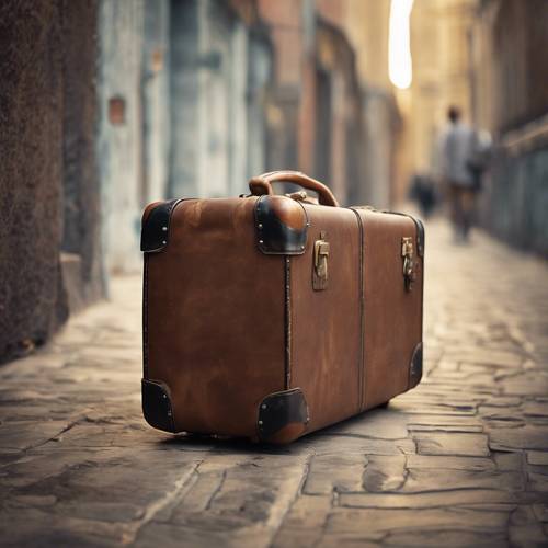 An old, brown, textured travel suitcase reminisces about world adventures. Tapet [404cb99cb59043d1b7ad]