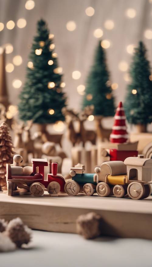 Christmas tableau of wooden toys on a neutral backdrop