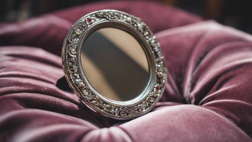 A vintage handheld mirror with adorned silver back laying on a velvet cushion.