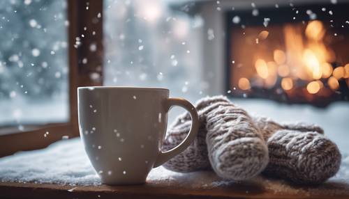 A pair of fluffy mittens hanging next to a fire with a mug of hot cocoa, with a backdrop of a frosty window looking out to a snowy Christmas scene.