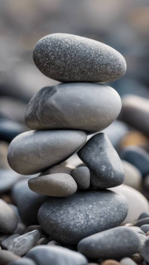 A pile of pebble-sized, smooth stones in varying shades of grey stacked neatly.