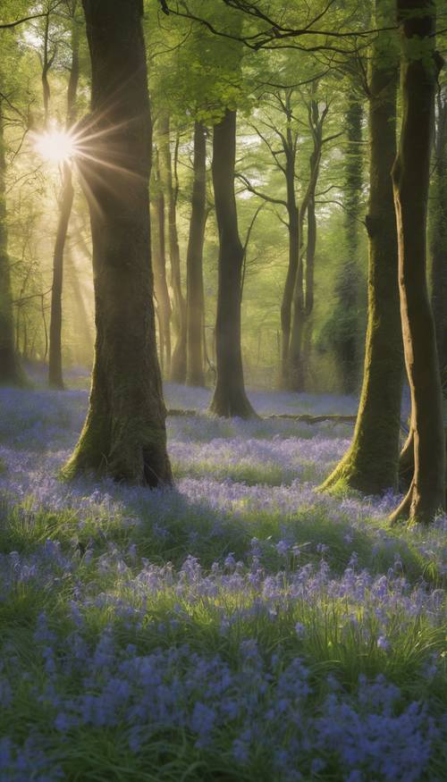 青い花が咲き誇る森の壁紙 - 朝のやさしい光に照らされる古代の森
