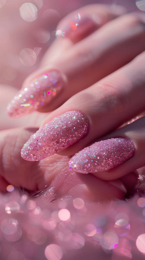 Блестящие розовые ногти сияют ярко