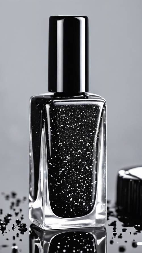 Un flacon de vernis à ongles noir à paillettes avec un pinceau, renversant magnifiquement sa couleur sur une surface blanche.