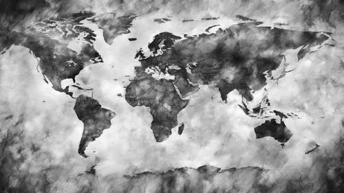 A grayscale world map rendered with pressure sensitive charcoal strokes.