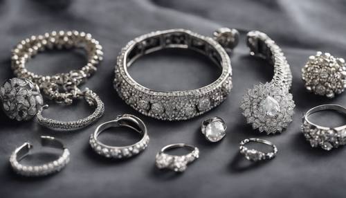 An array of silver jewelry displayed on a gray velvet background.