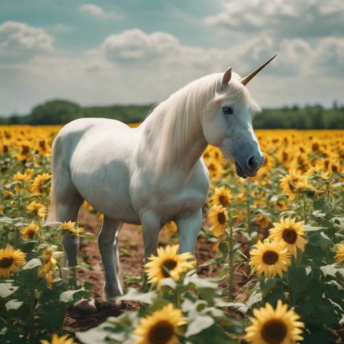 Un unicornio con ojos esmeralda, caminando con gracia a través de un lecho de girasoles en flor.