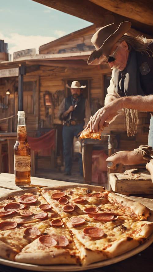 Dzikie westernowe starcie z pizzą w pustynnym barze w samo południe.
