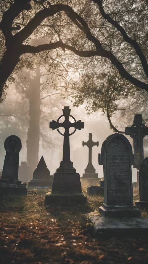 A foggy sunrise over an old graveyard with Celtic cross tombstones.