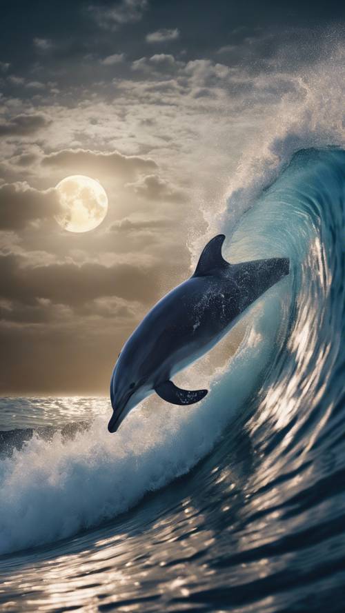 An agile dolphin surfing the crest of a massive wave that's silvered by the moonlight in a midnight sea.