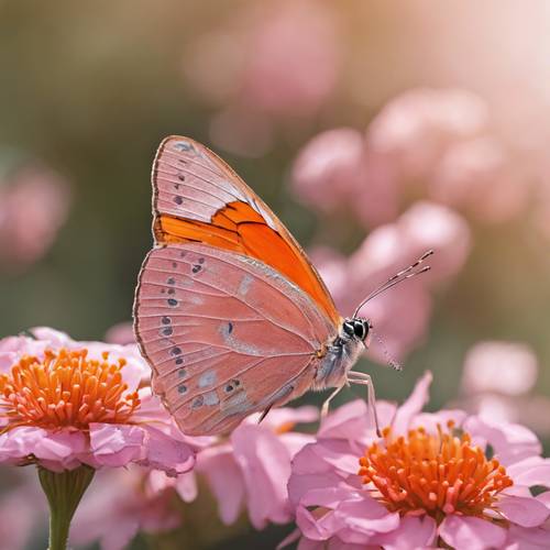 Pembe ve turuncu bir kelebek, çiçek açan bir çiçeğin üzerine özenle tünemiş.