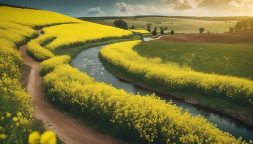 A winding river cutting through a vibrant field of canola flowers. Tapeta [190774d20ba44ba4b8ea]