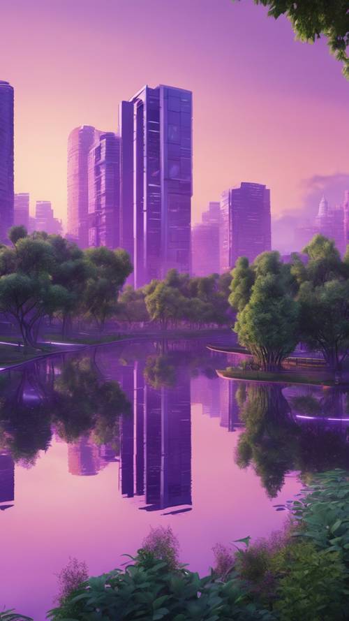 Pemandangan kota futuristik saat fajar dengan bangunan ungu dan taman hijau subur.