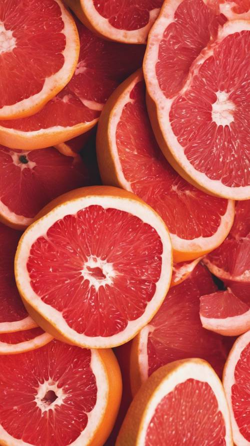 さわやかでジューシーなグレープフルーツのスライスの壁紙 - 鮮やかなピンクの果肉とオレンジ色の皮を紹介