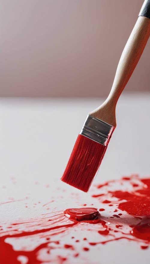 A close-up view of a paintbrush brimming with vibrant red paint, on the brink of touching a blank canvas. Tapet [5e73bb7709694a24b6c0]