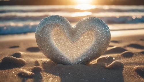 Sunlight illuminating a massive heart sculpted out of stunning silver glitter on the beach sand.
