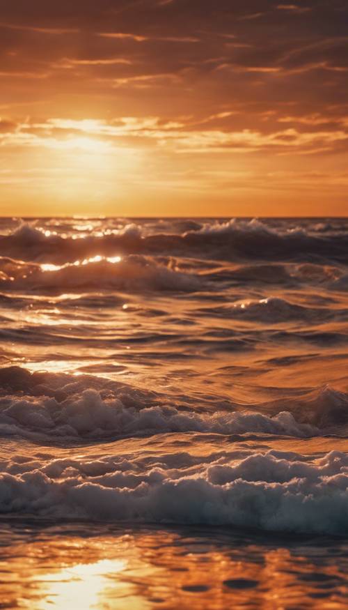 Um pôr do sol deslumbrante sobre um oceano sereno, onde o céu brilha em laranja e dourado.