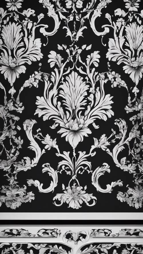 Wallpaper damask hitam putih yang mewah di ruang makan mewah.