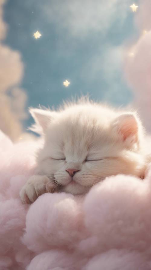A pastel rendition of a cute kitten sleeping on a comfy cloud.