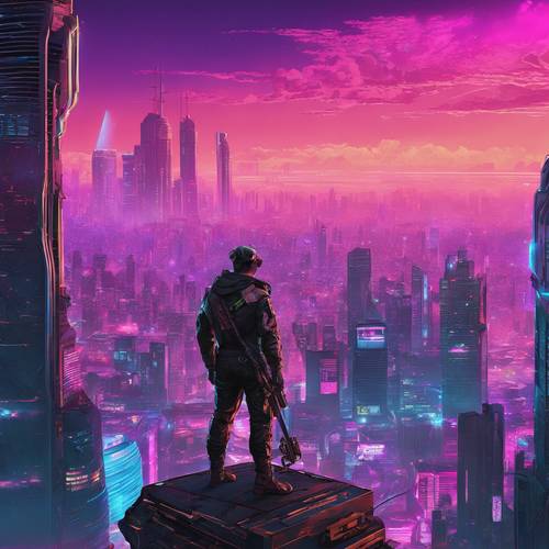 Un vigilante armato di railgun in piedi in cima a un grattacielo high-tech che domina una città futuristica distopica.