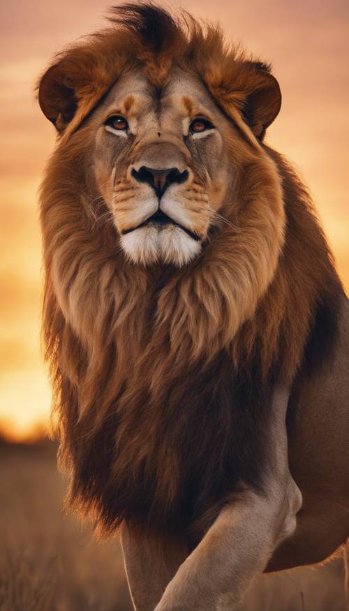 A majestic male lion in savannah under a sunset sky, his mane glowing in the warm reddish hue.