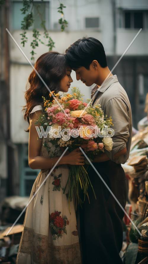 Romantyczna para z kwiatami w marzycielskiej scenie miejskiej
