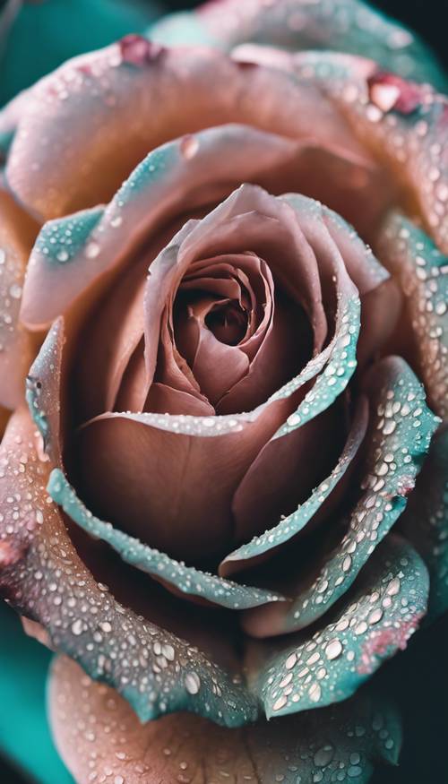 A detailed macro shot of a teal rose, showing its delicate petals and vibrant color. Tapet [74c4d806976d42d69a2e]