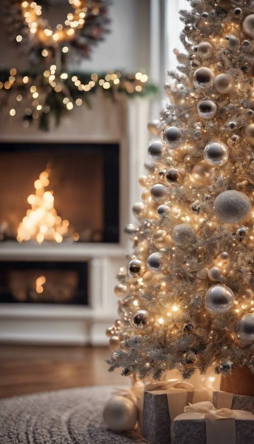 An elegant Christmas tree adorned with shiny pearls and silver tinsel standing in a cozy living room softly lit by the warm glow of a nearby fireplace.