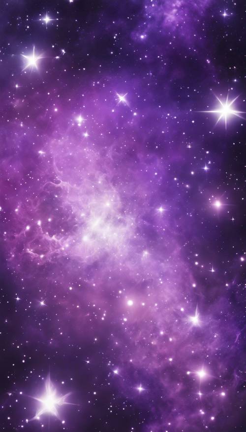 Uma tranquila nebulosa roxa salpicada de estrelas prateadas brilhantes.