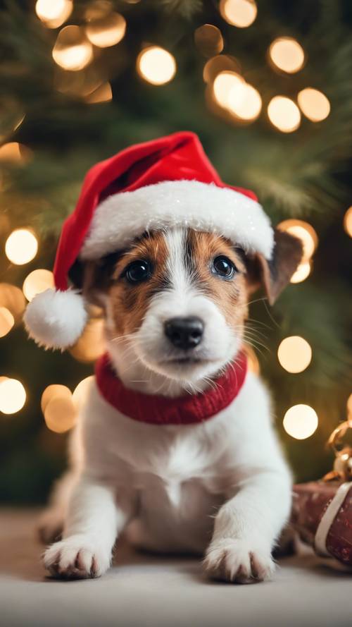 A cute Jack Russell puppy wearing a Santa hat and sitting in front of a beautifully decorated Christmas tree.
