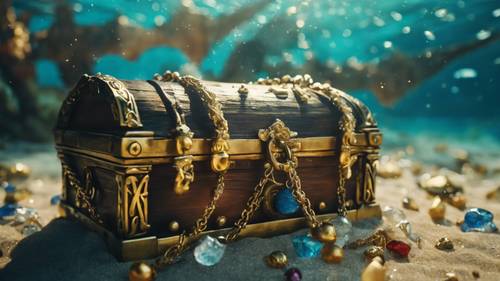 Um pirata segurando um baú de tesouro repleto de joias e ouro sob a superfície do oceano.