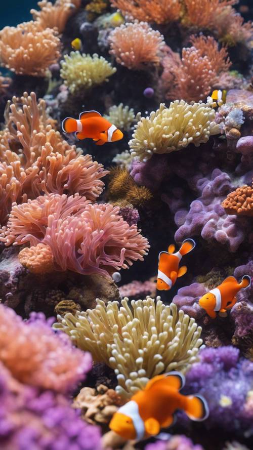 An aerial view of a vibrant coral reef inhabited by a myriad of cute little clownfish and sea anemones.