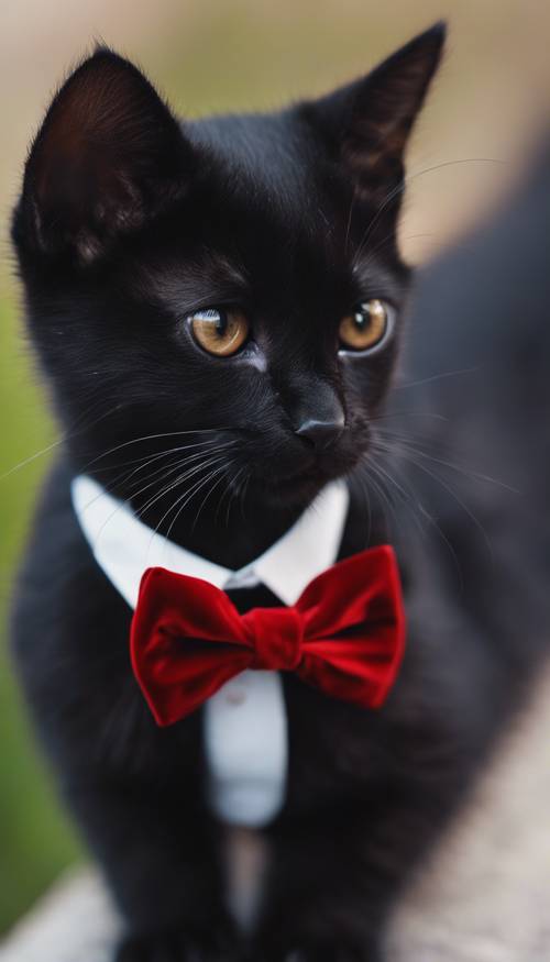 An adorable black kitten wearing a red velvet gothic bow tie.