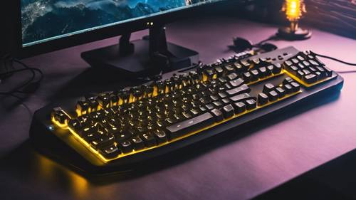 A black ergonomic gaming keyboard, illuminated by a soft warm yellow glow.