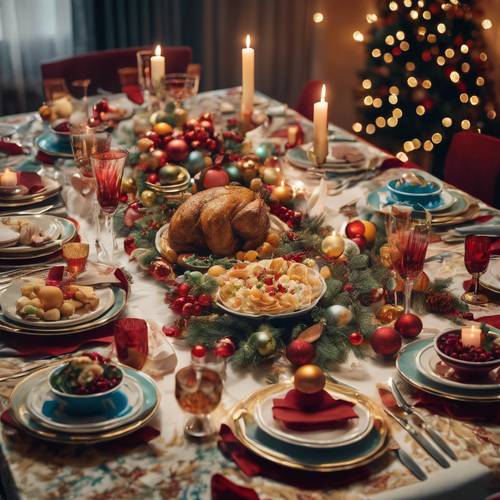 Una mesa para la cena de Navidad resplandeciente con platos coloridos y delicias.