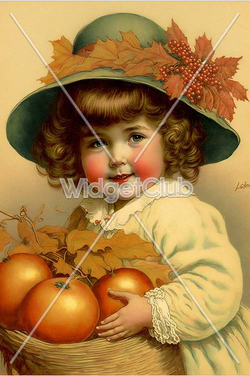 リンゴと葉っぱを持つ秋の女の子