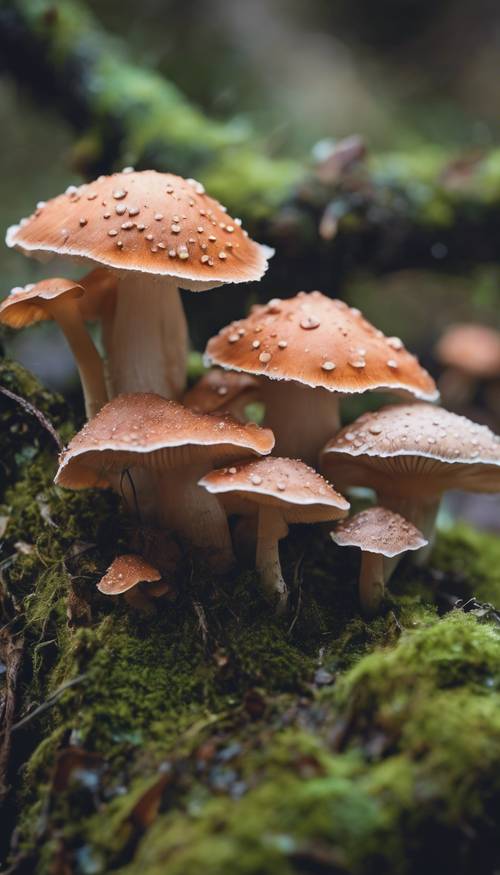 Uma coleção de cogumelos de cor pastel crescendo em um tronco coberto de musgo.