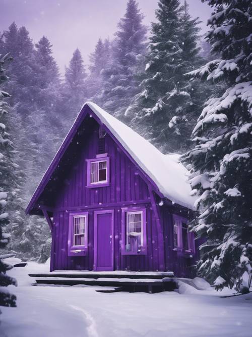 Eine gemütliche lila Hütte in einer verschneiten Landschaft, umgeben von immergrünen Bäumen und sanftem Schneefall.