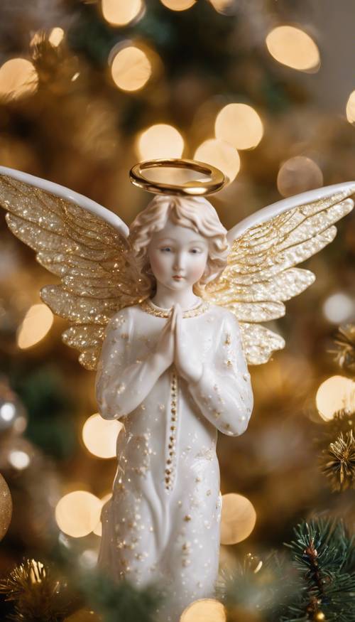 Un ángel antiguo de porcelana blanca con delicadas alas doradas y una expresión pacífica, de pie sobre un árbol de Navidad brillantemente iluminado.