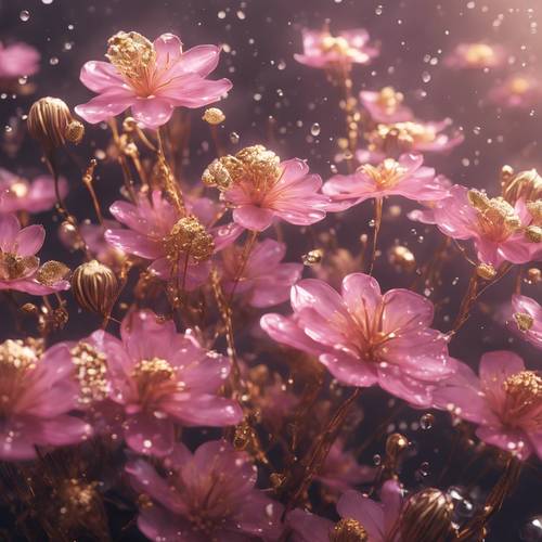 Una vista subacquea di fiori acquatici rosa e dorati.