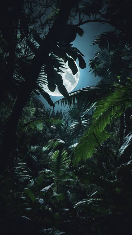 Hutan hujan tropis yang gelap di malam hari, dengan bulan purnama mengintip melalui dedaunan lebat.