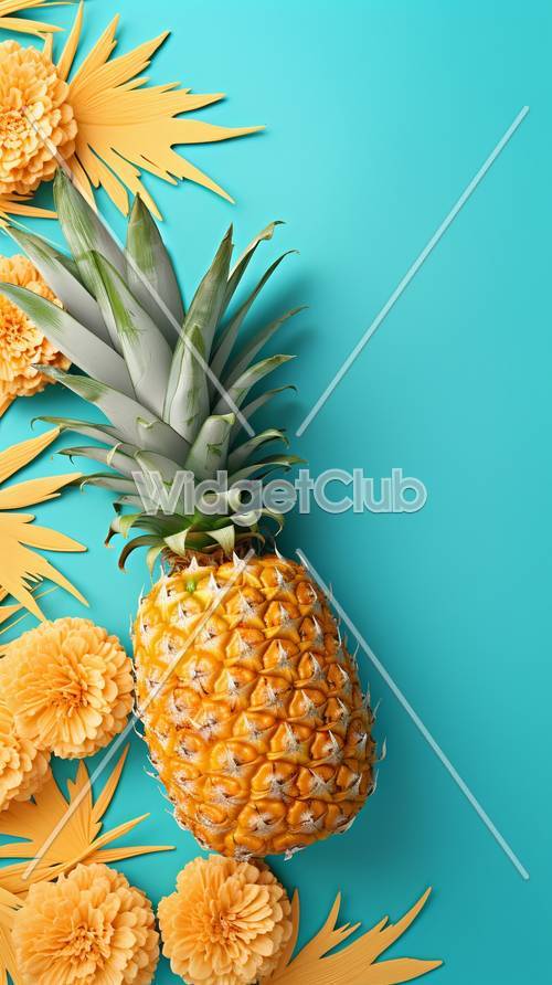 Tropical Pineapple and Orange Flowers on Blue