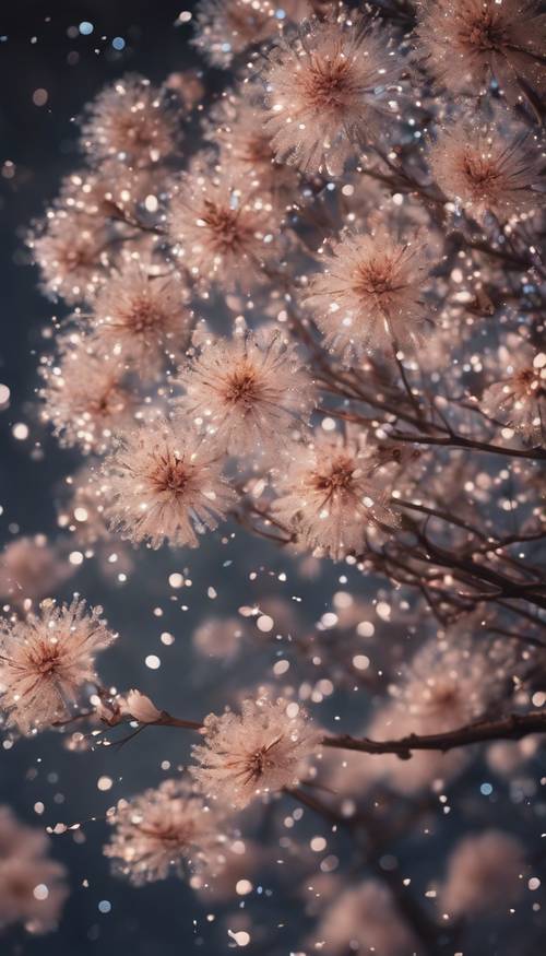 Imagen estética surrealista que transforma flores en fuegos artificiales de Año Nuevo bajo la luna llena.