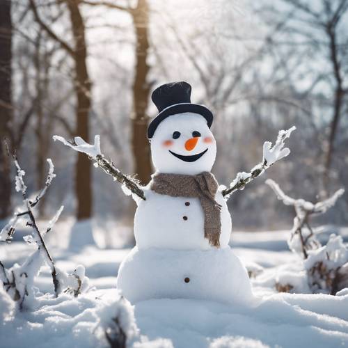 Um alegre boneco de neve campestre com galhos no lugar dos braços, acenando olá no quintal congelado de uma casa no campo coberta de neve.