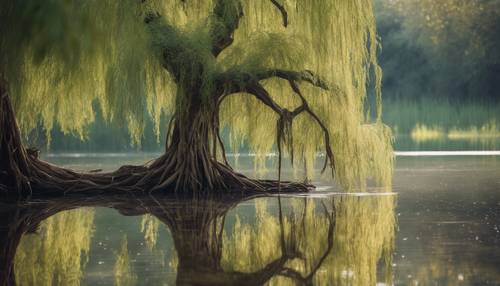 Pohon willow tua di tepi kolam yang tenang, dahan-dahannya yang terkulai menciptakan pantulan indah di permukaan air.