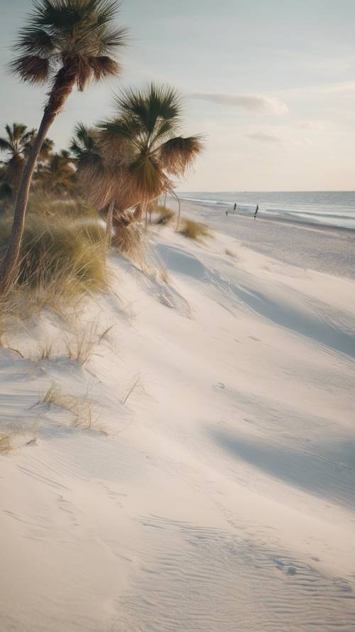 An idyllic scene of swaying palm trees and pristine white sands at Clearwater Beach, Florida.