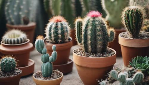 a group of cacti of different sizes and shapes standing in boho painted pots