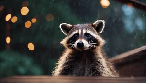 A curious raccoon with striking eyes, sneaking onto a wooden porch in the middle of the night. Tapet [0138b969690249958df2]