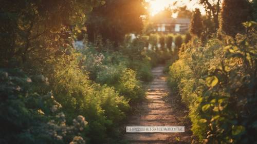 Un camino cubierto de vegetación que conduce a un jardín olvidado bajo una puesta de sol, con la cita &quot;La depresión es como llevar una carga pesada que se vuelve más pesada con el tiempo&quot;.